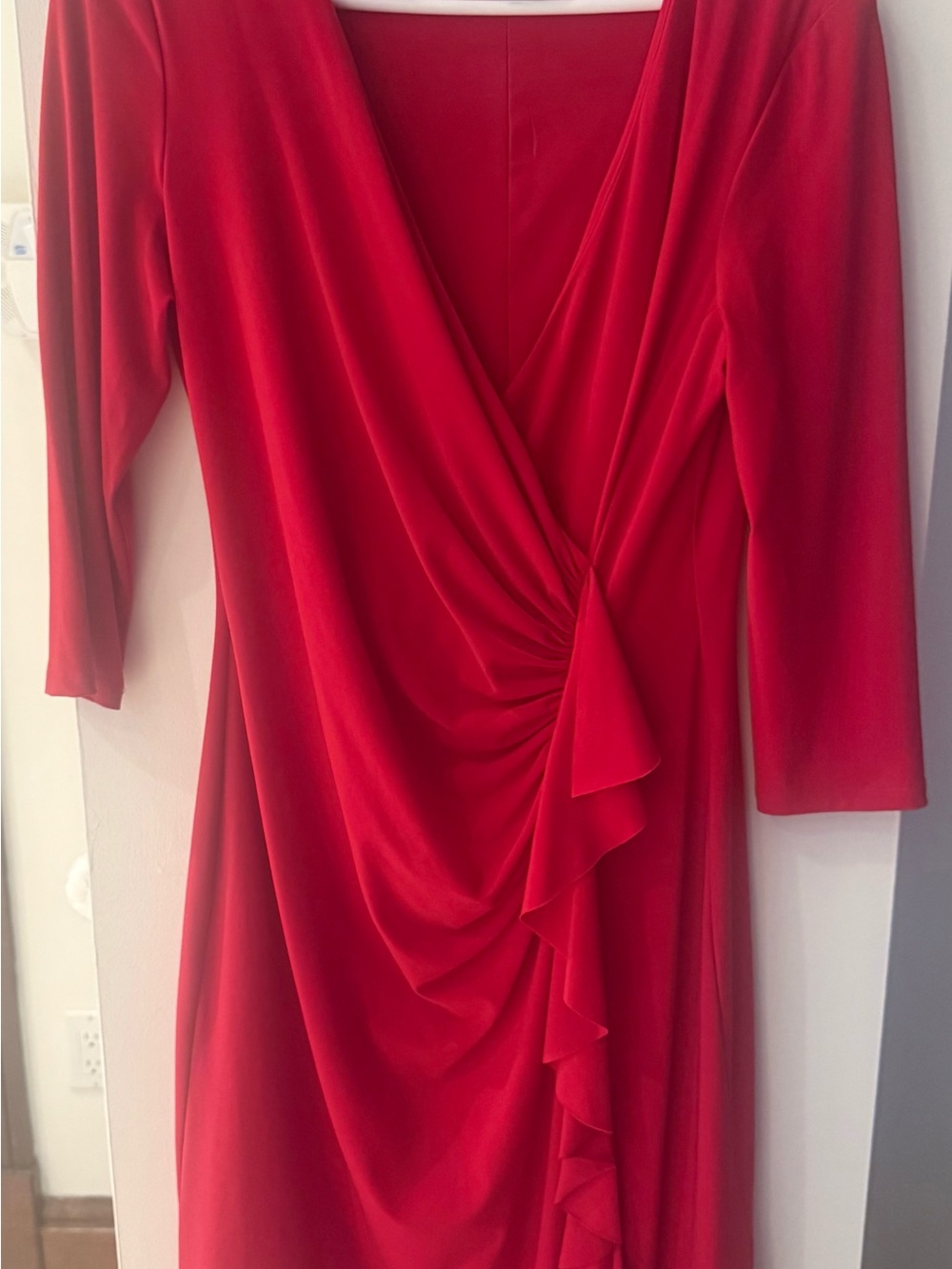Ralph Lauren Red Faux-Wrap Ruffle Front Dress